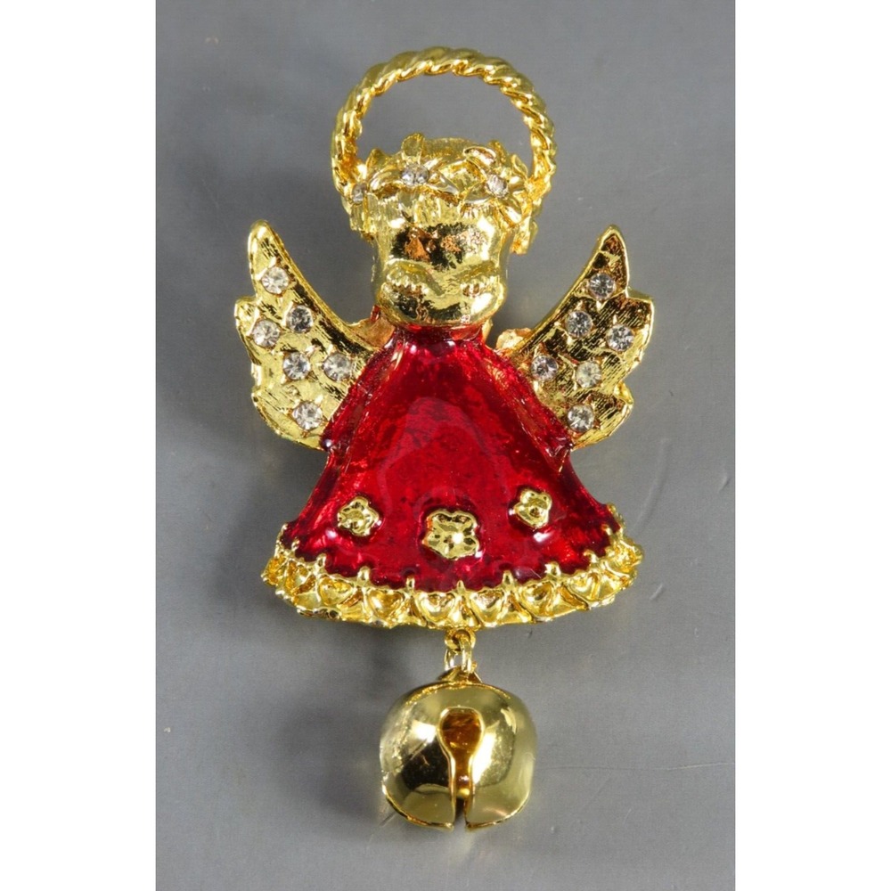 VTG BROOCH PIN Angel Cow w/Bell RED ENAMEL Clear Rhinestones CHRISTMAS GOLD TONE